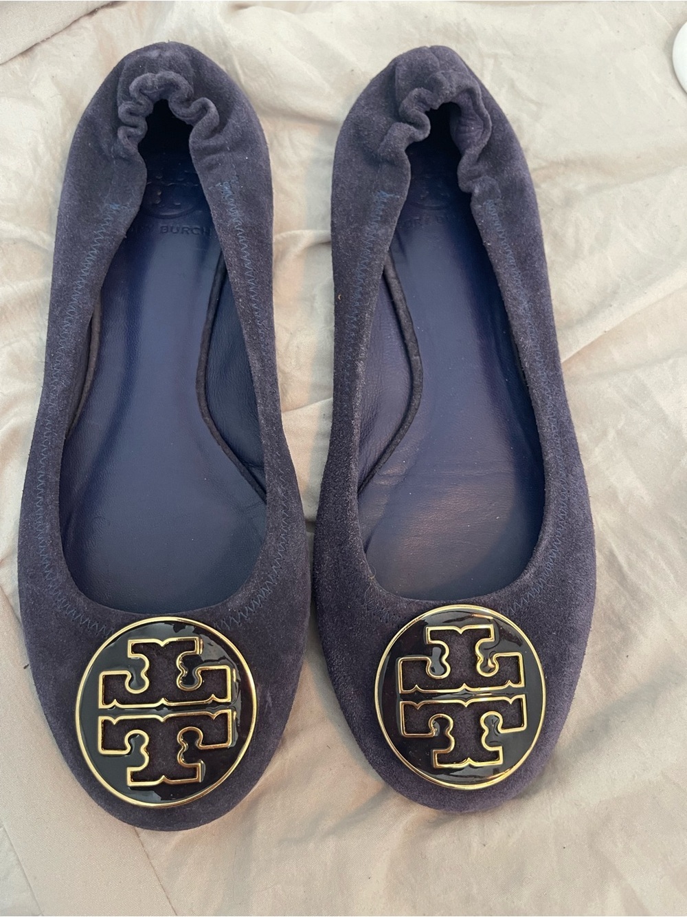 Tory Burch Navy Suede Reva Ballet Flats with Gold Logo